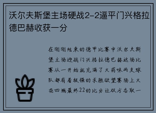 沃尔夫斯堡主场硬战2-2逼平门兴格拉德巴赫收获一分
